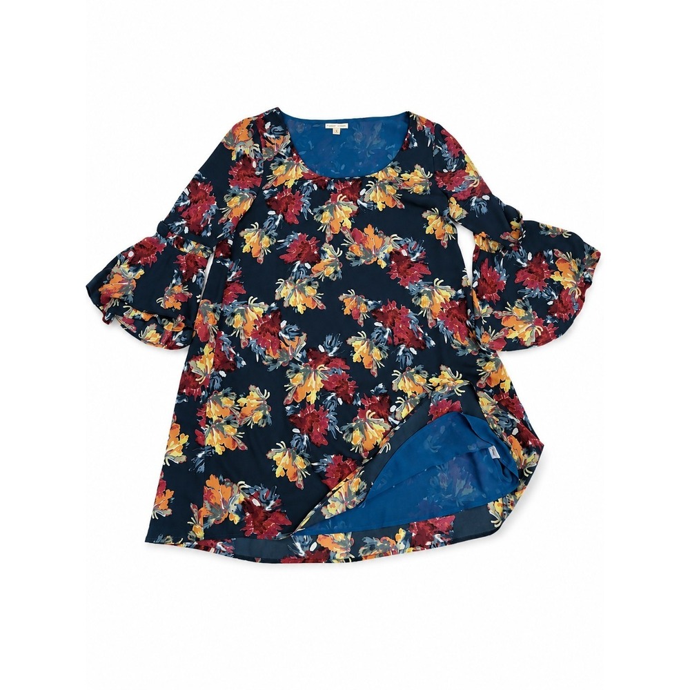 Paper Crown Women's Floral Bell Sleeve Tunic Dress Top Blue Multicolor Small - Picture 2 of 7
